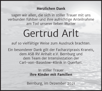 Traueranzeige von Gertrud Arlt von Trauerkombi Bernburg