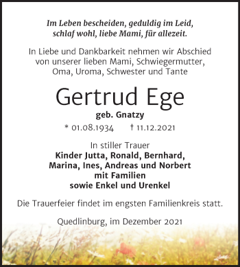 Traueranzeige von Gertrud Ege von Trauerkombi Quedlinburg