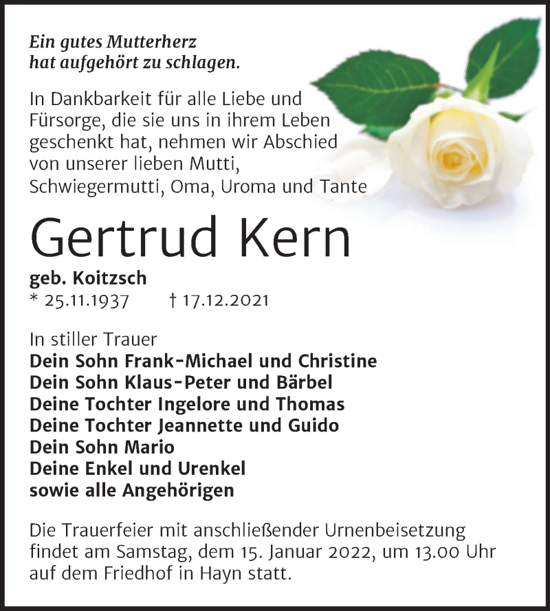  Traueranzeige für Gertrud Kern vom 30.12.2021 aus Trauerkombi Sangerhausen