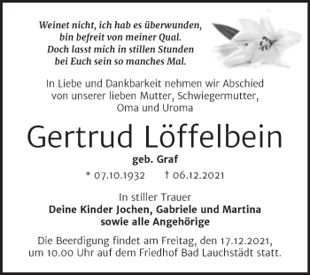Traueranzeige von Gertrud Löffelbein von Trauerkombi Merseburg
