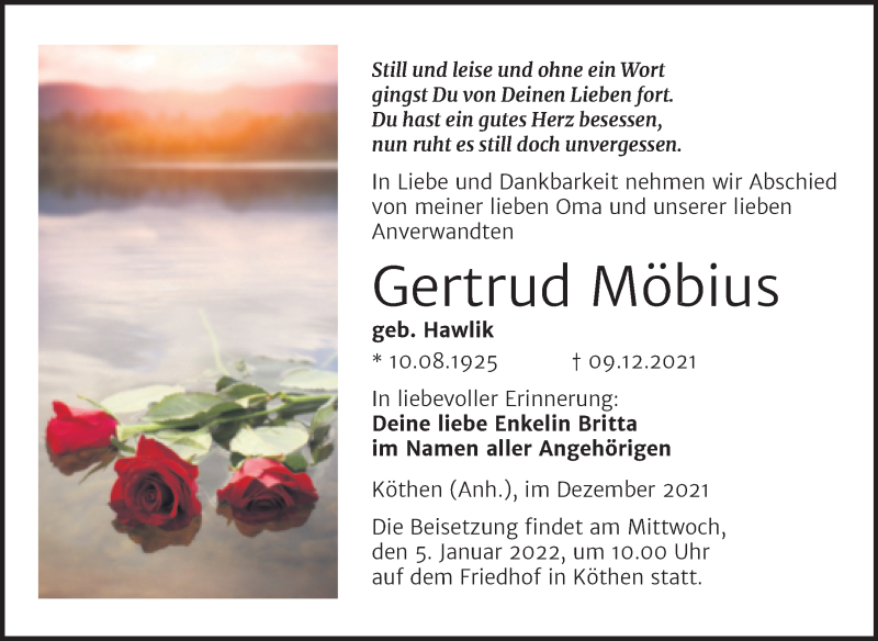  Traueranzeige für Gertrud Möbius vom 31.12.2021 aus Mitteldeutsche Zeitung Köthen
