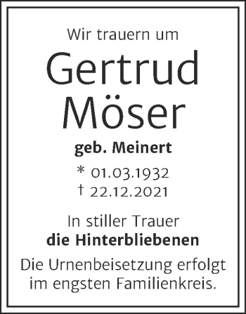 Traueranzeige von Gertrud Möser von Trauerkombi Bernburg