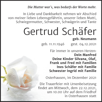 Traueranzeige von Gertrud Schäfer von Mitteldeutsche Zeitung Mansfelder Land