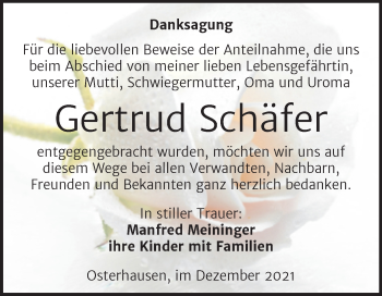 Traueranzeige von Gertrud Schäfer von Mitteldeutsche Zeitung Mansfelder Land