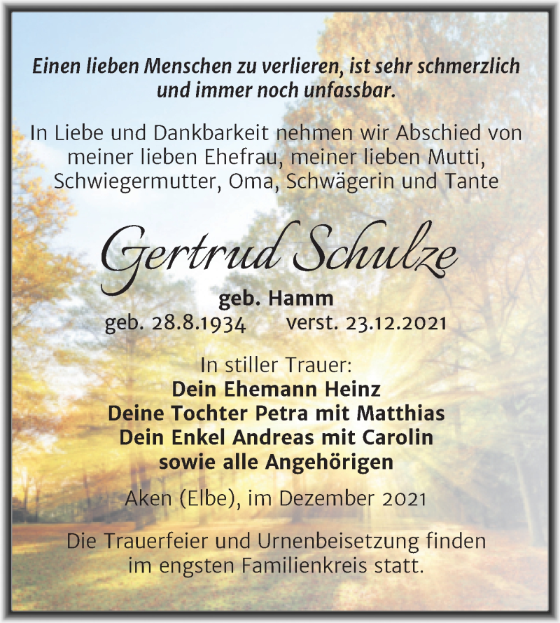  Traueranzeige für Gertrud Schulze vom 29.12.2021 aus Trauerkombi Köthen