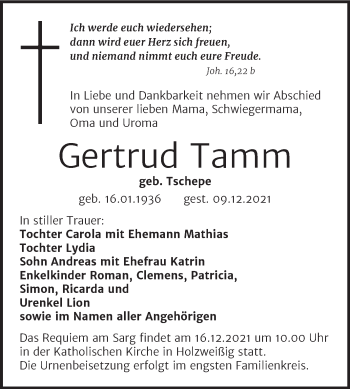 Traueranzeige von Gertrud Tamm von Trauerkombi Bitterfeld