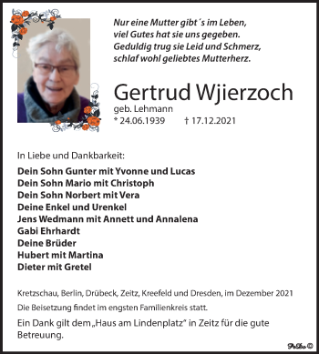 Traueranzeige von Gertrud Wjierzoch von Trauerkombi Zeitz