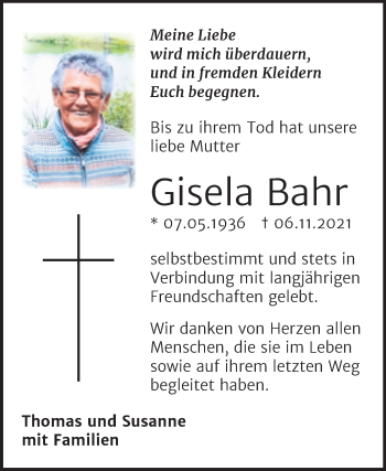 Traueranzeige von Gisela Bahr von Trauerkombi Sangerhausen