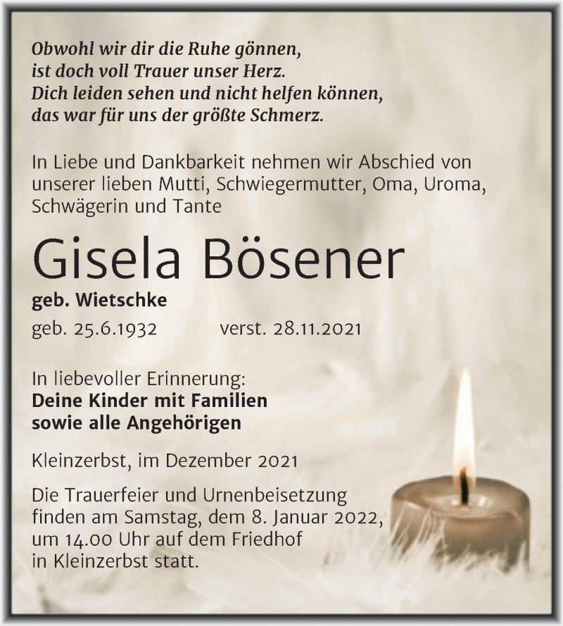  Traueranzeige für Gisela Bösener vom 04.12.2021 aus Trauerkombi Köthen