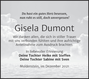 Traueranzeige von Gisela Dumont von Trauerkombi Bitterfeld