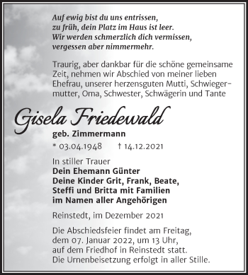 Traueranzeige von Gisela Friedewald von Trauerkombi Quedlinburg