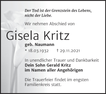 Traueranzeige von Gisela Kritz von Trauerkombi Weißenfels