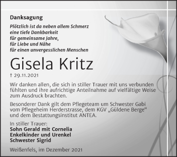 Traueranzeige von Gisela Kritz von Trauerkombi Weißenfels