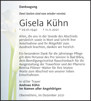 Traueranzeige von Gisela Kühn von Wochenspiegel Naumburg/Nebra