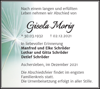 Traueranzeige von Gisela Morig von Trauerkombi Aschersleben