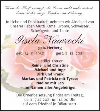 Traueranzeige von Gisela Nawrocki von Mitteldeutsche Zeitung Halle/Saalkreis