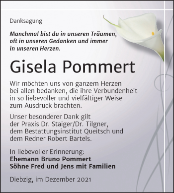 Traueranzeige von Gisela Pommert von Trauerkombi Köthen