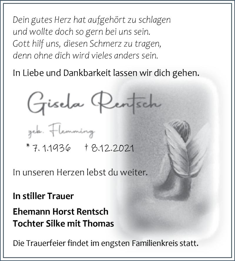  Traueranzeige für Gisela Rentsch vom 18.12.2021 aus Naumburger Tageblatt