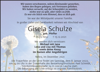 Traueranzeige von Gisela Schulze von Wochenspiegel Naumburg/Nebra
