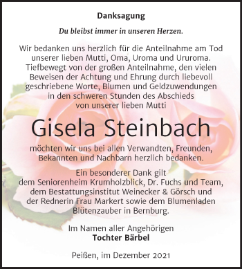 Traueranzeige von Gisela Steinbach von Trauerkombi Bernburg