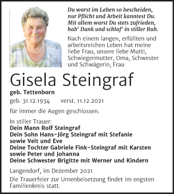 Traueranzeige von Gisela Steingraf von Trauerkombi Weißenfels