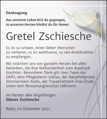 Traueranzeige von Gretel Zschiesche von Trauerkombi Wittenberg