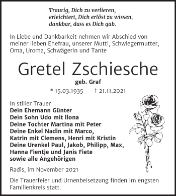 Traueranzeige von Gretel Zschiesche von Trauerkombi Wittenberg
