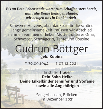 Traueranzeige von Gudrun Böttger von Trauerkombi Sangerhausen