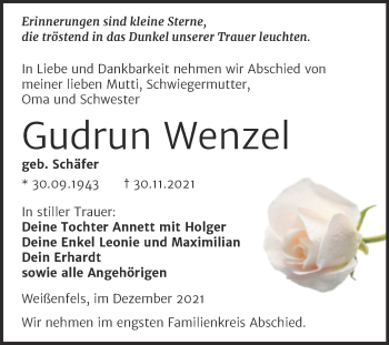 Traueranzeige von Gudrun Wenzel von Trauerkombi Weißenfels