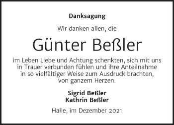 Traueranzeige von Günter Beßler von Mitteldeutsche Zeitung Halle/Saalkreis