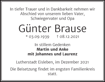 Traueranzeige von Günter Brause von Mitteldeutsche Zeitung Mansfelder Land