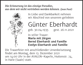 Traueranzeige von Günter Eberhardt von Mitteldeutsche Zeitung Halle/Saalkreis