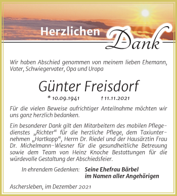 Traueranzeige von Günter Freisdorf von Trauerkombi Aschersleben