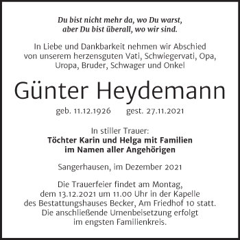 Traueranzeige von Günter Heydemann von Trauerkombi Sangerhausen