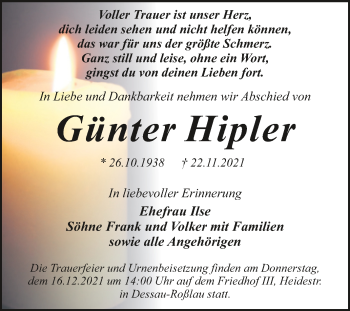 Traueranzeige von Günter Hipler von Trauerkombi Dessau