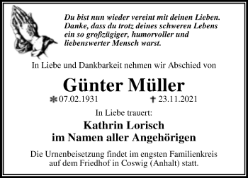 Traueranzeige von Günter Müller von Trauerkombi Wittenberg
