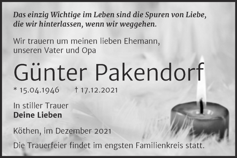  Traueranzeige für Günter Pakendorf vom 24.12.2021 aus Trauerkombi Köthen