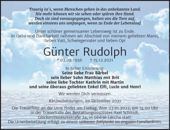 Traueranzeige von Günter Rudolph von Wochenspiegel Naumburg/Nebra