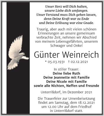 Traueranzeige von Günter Weinreich von Trauerkombi Mansfelder Land