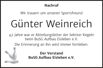 Traueranzeige von Günter Weinreich von Wochenspiegel Mansfelder Land