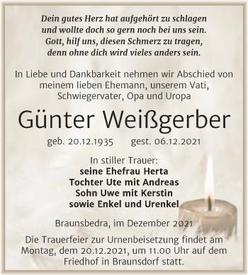 Traueranzeige von Günter Weißgerber von Super Sonntag Merseburg/Querfurt