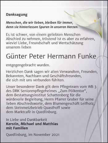 Traueranzeige von Günter Peter Hermann Funke von Trauerkombi Quedlinburg