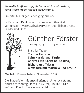 Traueranzeige von Günther Förster von Trauerkombi Merseburg
