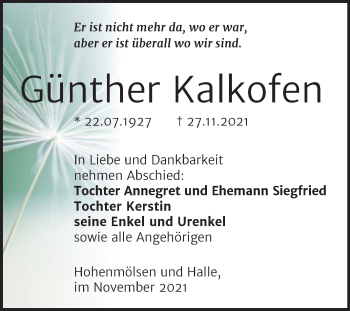 Traueranzeige von Günther Kalkofen von Trauerkombi Weißenfels