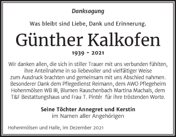 Traueranzeige von Günther Kalkofen von Trauerkombi Weißenfels