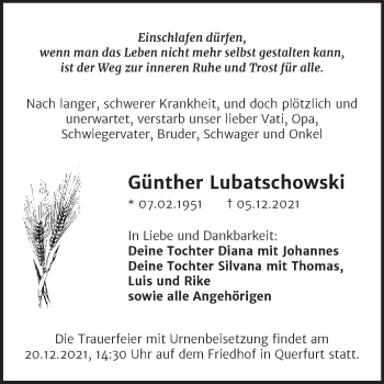 Traueranzeige von Günther Lubatschowski von Trauerkombi Merseburg