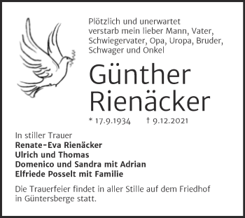 Traueranzeige von Günther Rienäcker von Trauerkombi Quedlinburg