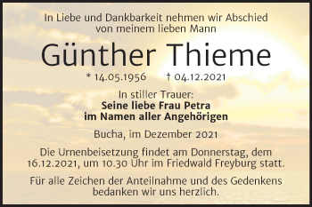 Traueranzeige von Günther Thieme von Wochenspiegel Naumburg/Nebra