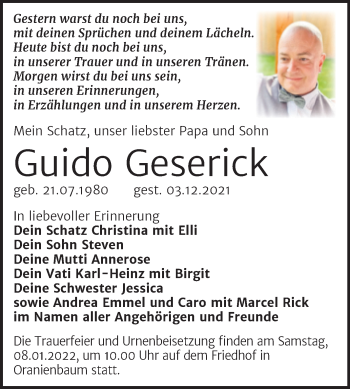 Traueranzeige von Guido Geserick von Trauerkombi Wittenberg