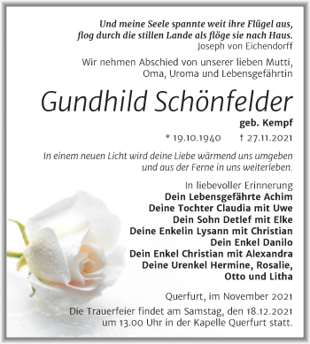 Traueranzeige von Gundhild Schönfelder von Trauerkombi Merseburg